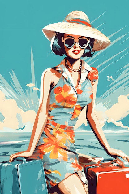 Immagine di una donna con cappello e occhiali da sole seduta sulla spiaggia IA generativa