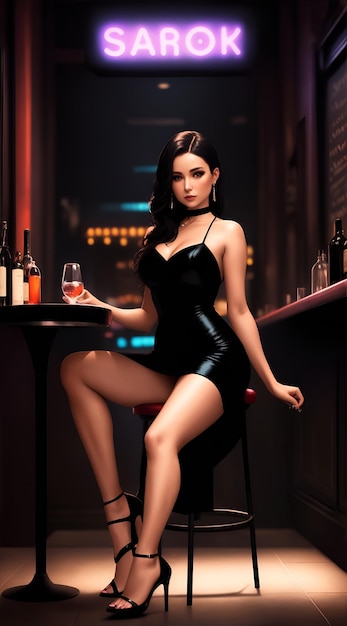 Immagine di una donna con un'espressione seria che indossa una giacca di pelle nera e un fedora nel bar