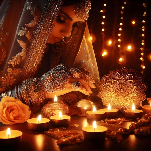 Immagine di una donna indiana che guarda le luci del festival di Diwali