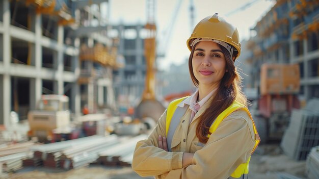 immagine di una donna ingegnere che sorride in mezzo ai lavori di costruzione