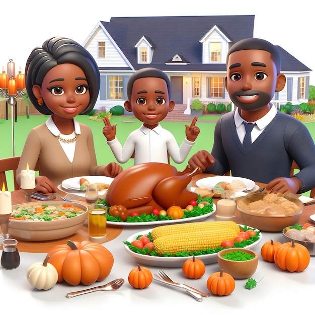 Immagine di una famiglia 3D che cena il Ringraziamento con il bambino