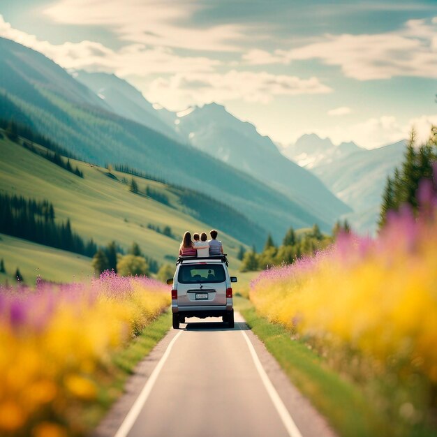 immagine di una famiglia in viaggio fiori