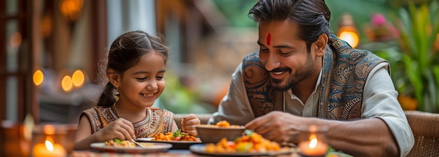 Immagine di una famiglia indiana soddisfatta madre padre e figlia vestiti con abiti tradizionali seduti attorno a un tavolo per la colazione pranzo o cena