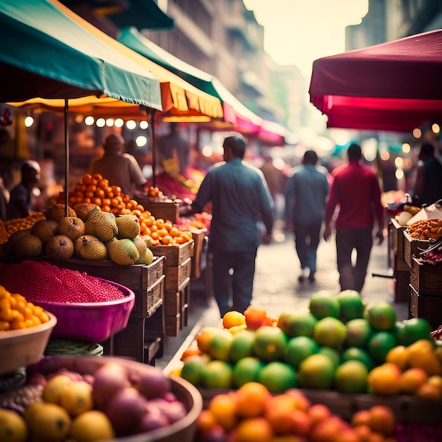 immagine di una fiera affollata in una città esotica piena di bancarelle colorate persone vivaci e sapori diversi un