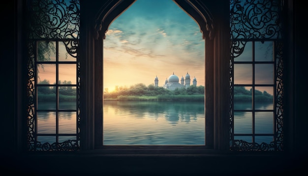 Immagine di una finestra con vista su un tranquillo lago o fiume con una moschea sulle rive per celebrare l'Eid alFitr Generative ai