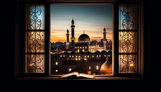 Immagine di una finestra con vista sullo skyline di una città con una moschea illuminata in lontananza per celebrare l'Eid alFitr Generative ai