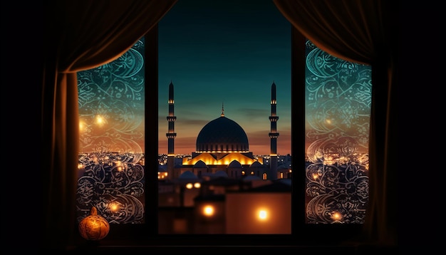 Immagine di una finestra con vista sullo skyline di una città con una moschea illuminata in lontananza per celebrare l'Eid alFitr Generative ai