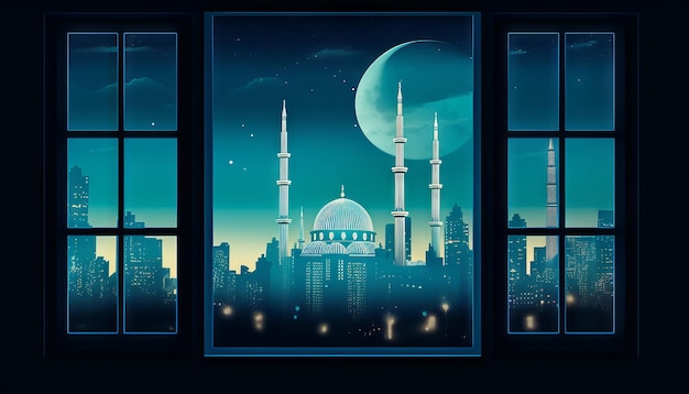 Immagine di una finestra con vista sullo skyline di una città con una moschea illuminata in lontananza per celebrare l'Eid alFitr Generative ai