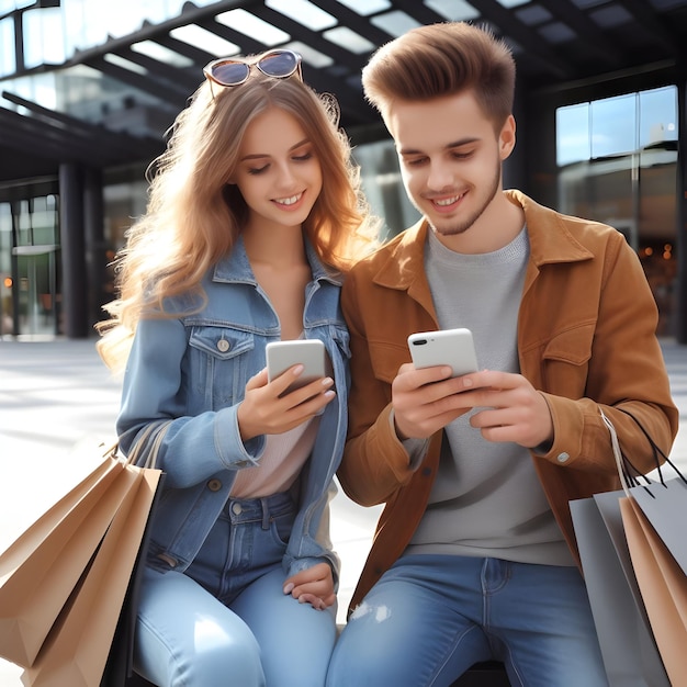 Immagine di una giovane coppia che fa shopping con lo smartphone