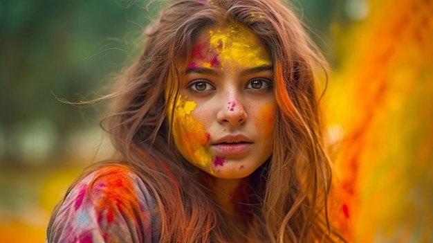 Immagine di una giovane donna adorabile che si è schizzata di vernice colorata durante la celebrazione indiana dei colori Holi Generative AI