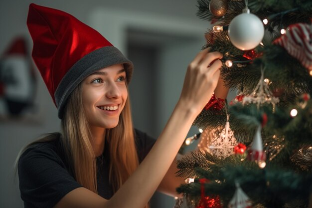 Immagine di una giovane donna che mette gli ornamenti su un albero di Natale mentre indossa un cappello da Babbo Natale a casa