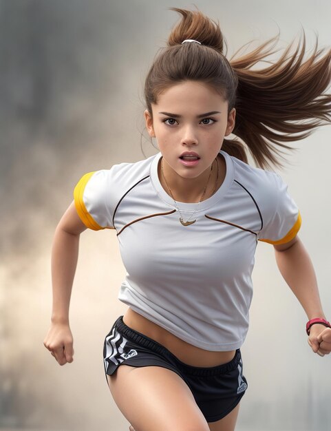 immagine di una giovane donna con i capelli legati che corre per la strada