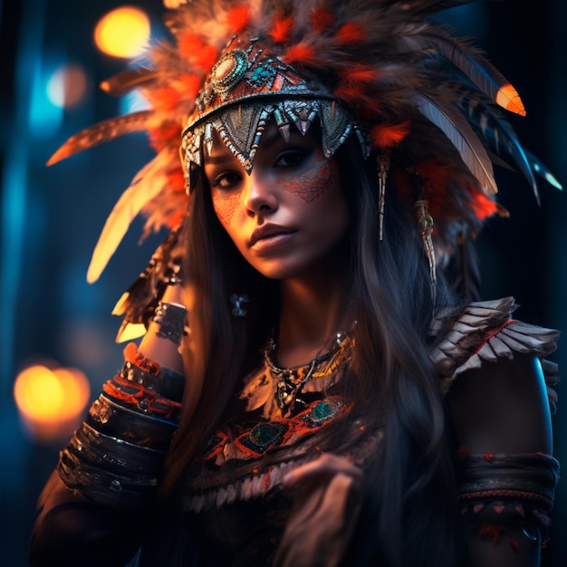 Immagine di una giovane donna indiana che indossa un copricapo indigeno e abiti indigeni