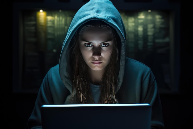 immagine di una giovane donna sul portatile come hacker