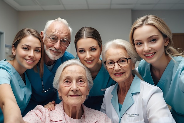 Immagine di una giovane infermiera dell'ospedale che si fa un selfie con un paziente anziano e la sua famiglia creata con l'IA generativa