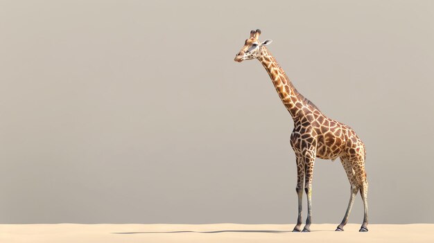 Immagine di una giraffa alta in piedi in mezzo a un deserto sabbioso La giraffa è in piedi alta e orgogliosa guardando in lontananza