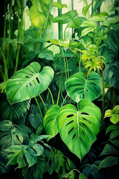Immagine di una giungla verde lussureggiante con molte foglie AI generativa