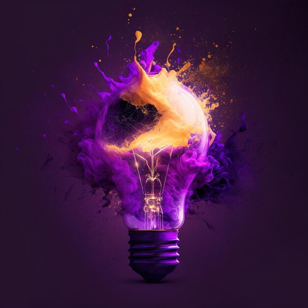 Immagine di una lampadina con macchie colorate su sfondo scuro creata utilizzando la tecnologia generativa ai