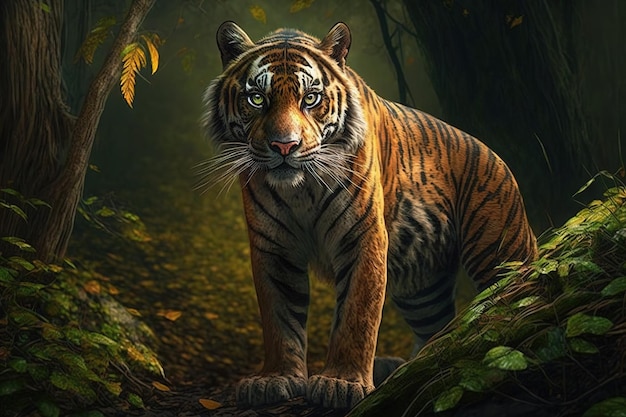 Immagine di una maestosa tigre in piedi nel mezzo della foresta Wildlife Animals Illustration AI generativa
