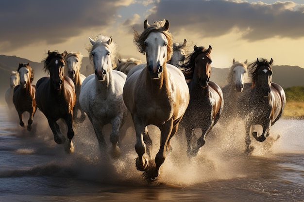 Immagine di una mandria di cavalli selvaggi che corre Illustrazione AI generativa degli animali della fauna selvatica