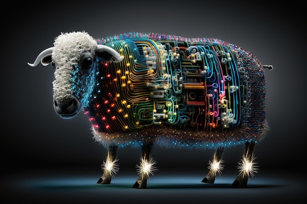 Immagine di una pecora con il concetto di tecnologia Animali da fattoria Illustrazione AI generativa