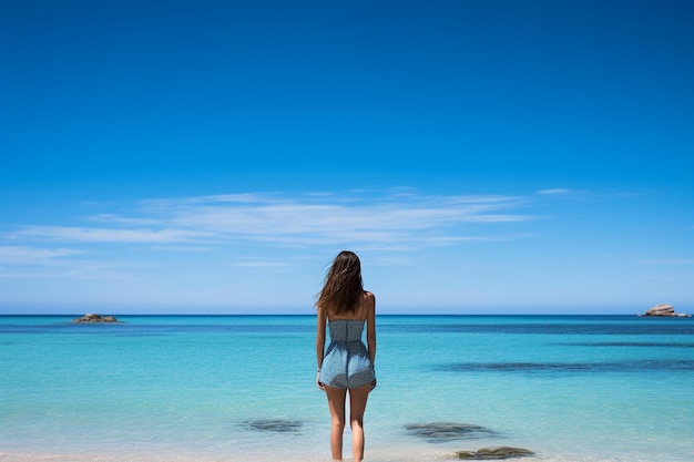 Immagine di una ragazza e di una spiaggia blu limpida