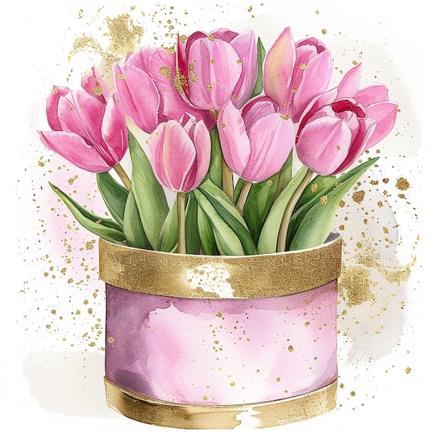 immagine di una scatola di cappelli con tulipani rosa in stile glamour acquerello luccicante dorato illustrazione su sfondo bianco