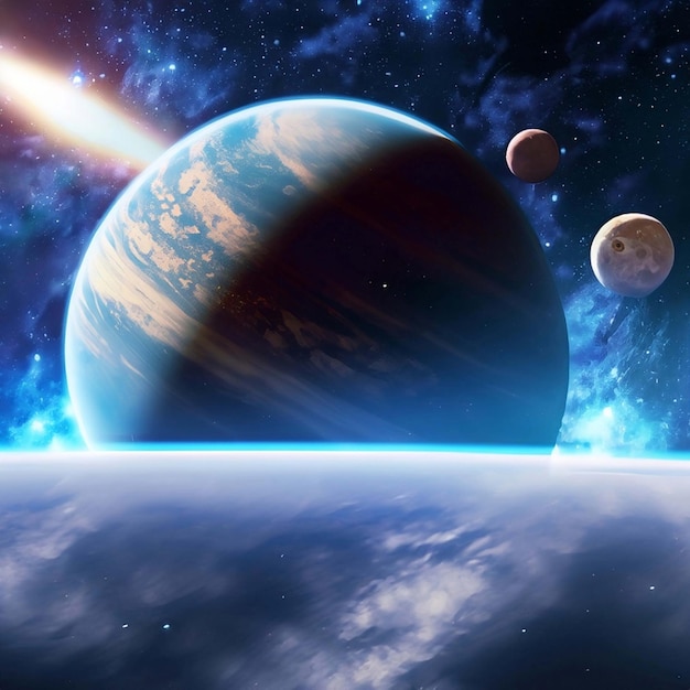 Immagine di una scena spaziale con i pianeti in primo piano e le stelle sullo sfondo