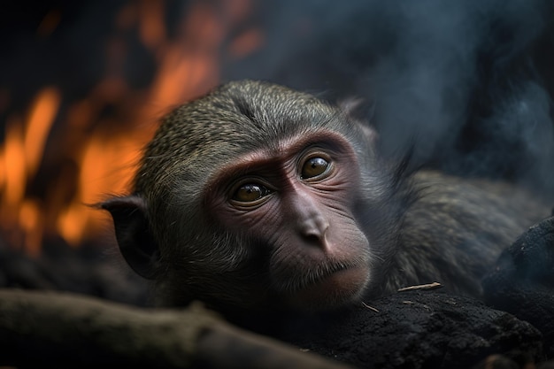 Immagine di una scimmia esausta in mezzo a incendi e fumo Animali della fauna selvatica Illustrazione AI generativa