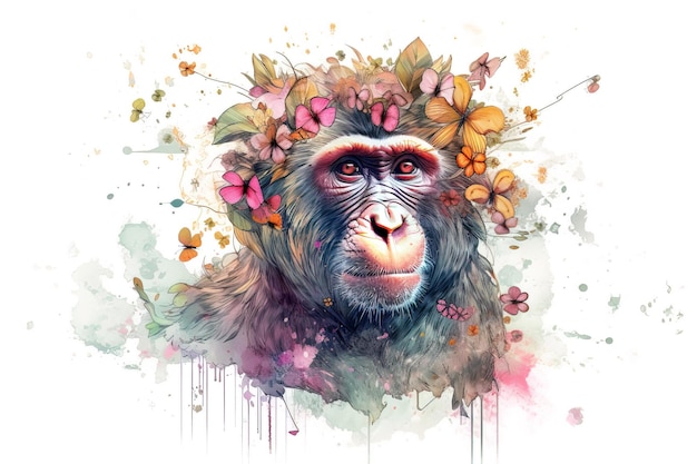 Immagine di una scimmia macaco con fiori tropicali colorati fauna selvatica Illustrazione degli animali IA generativa