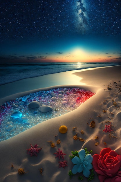 Immagine di una spiaggia con fiori nella sabbia ai generativa