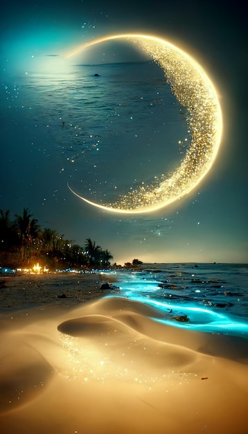 Immagine di una spiaggia di notte con la luna nel cielo generativa ai