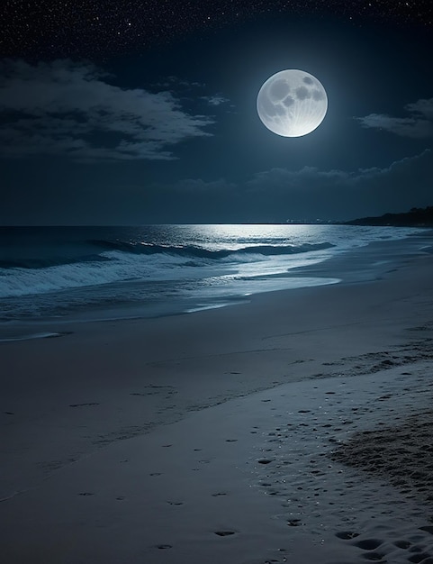 Immagine di una spiaggia di notte con la luna piena nel cielo