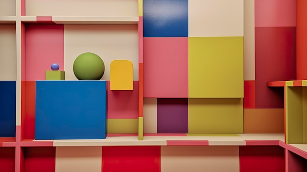 Immagine di una stanza con oggetti colorati e geometrici