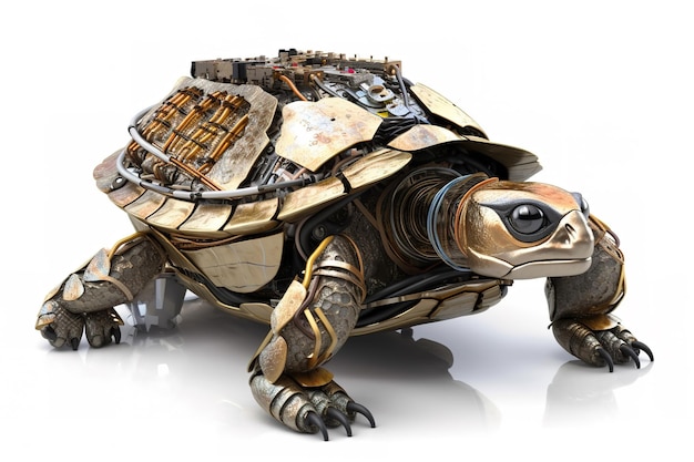 Immagine di una tartaruga modificata in un robot elettronico su uno sfondo bianco Rettile Wildlife Animals Illustration Generative AI