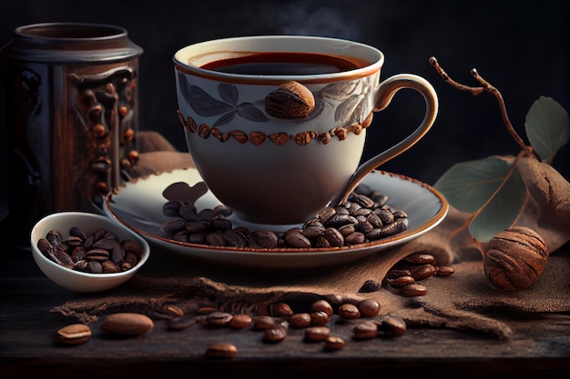 Immagine di una tazza di caffè con chicchi di caffè e un barattolo di caffè all'interno su un tavolo di legno marrone