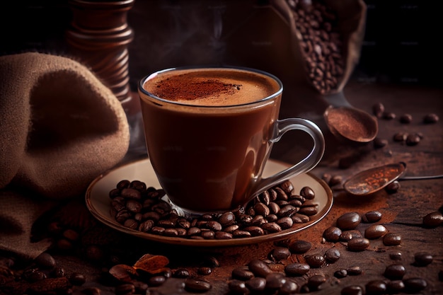 Immagine di una tazza di caffè con chicchi di caffè su legno marrone