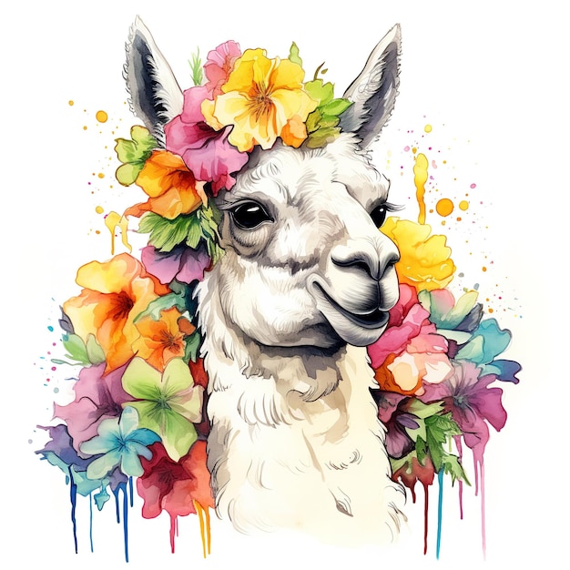 Immagine di una testa di lama con fiori tropicali colorati su sfondo bianco Mammiferi Animali selvatici