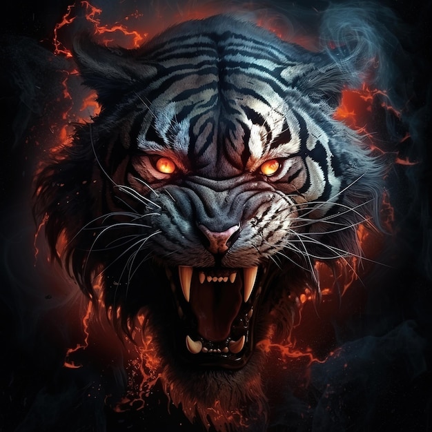 Immagine di una tigre demone arrabbiata terrificante con fiamme e fumo su sfondo scuro Illustrazione di animali della fauna selvatica IA generativa