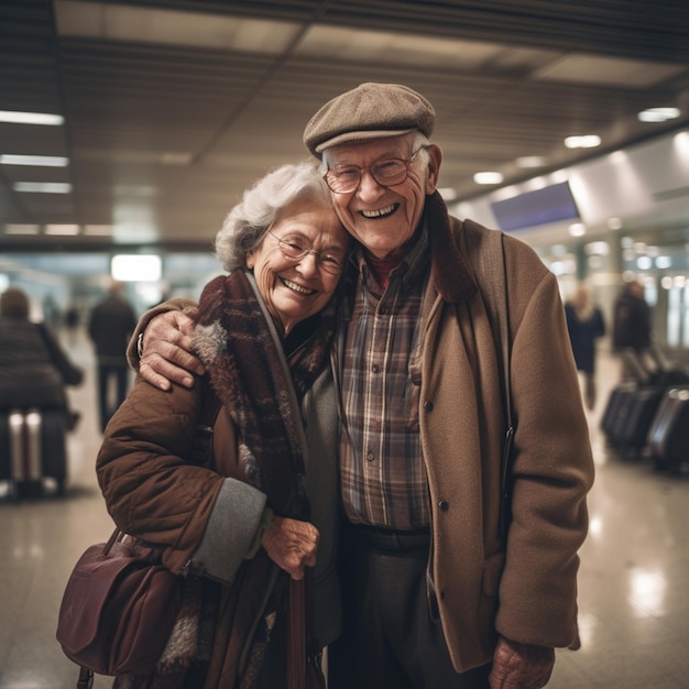 Immagine di una vecchia coppia felice al terminal dell'aeroporto