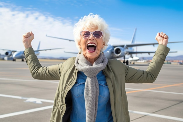 Immagine di una vecchia felice al terminal dell'aeroporto