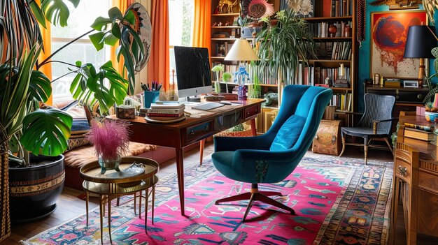 Immagine di uno spazio di ufficio stanza Massimalismo moderno laptop armadio atmosfera accogliente poltrona sedia tappeto armadio biblioteca personale mobili decorativi verde generativo da AI