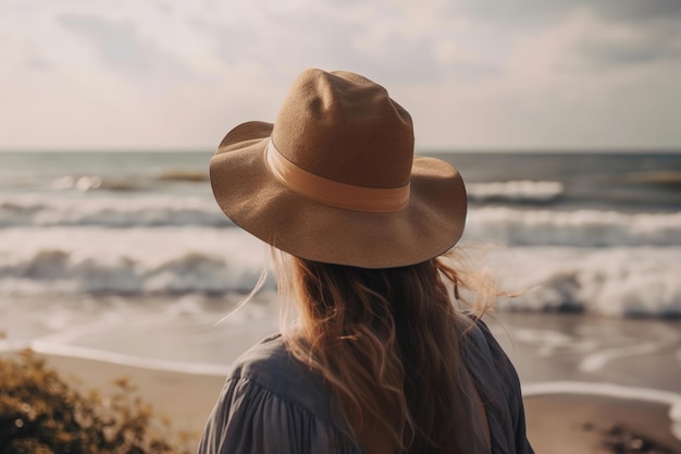 Immagine di vista posteriore di una giovane donna in un cappello su una riva del mare Generato ai