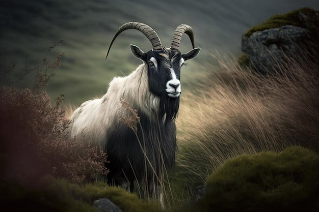 Immagine di vita selvaggia di una capra nell'immagine all'aperto di vita selvaggia del campo di erba