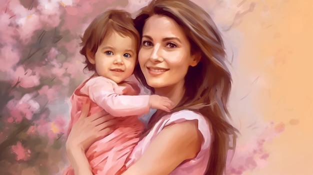 Immagine dipinta di una giovane madre che tiene in braccio la figlia paternità festa della mamma AI generata