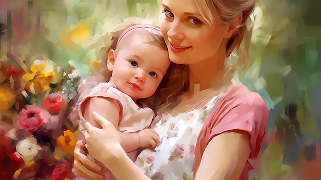 Immagine dipinta di una giovane madre che tiene in braccio la figlia paternità festa della mamma AI generata