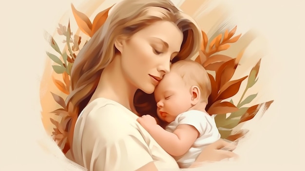 Immagine dipinta di una giovane madre che tiene in braccio suo figlio paternità festa della mamma AI generata