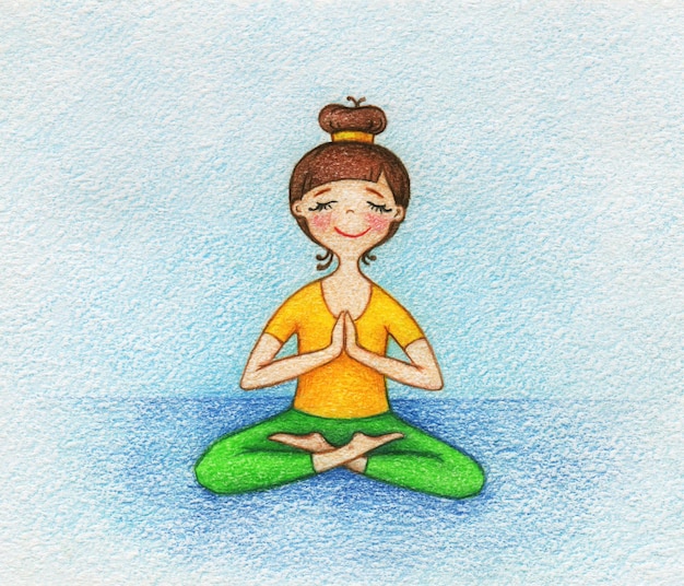 Immagine disegnata a mano della ragazza che fa yoga dalle matite colorate