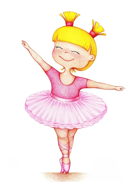 Immagine disegnata a mano di piccola ballerina bella ragazza in abito rosa dalle matite colorate