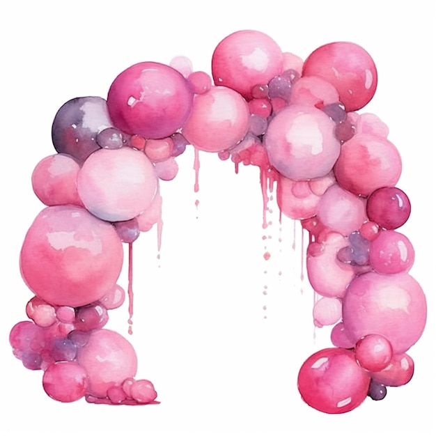 immagine disegnata di un arco di palloncini rosa e viola con palloncini gocciolanti ai generativa